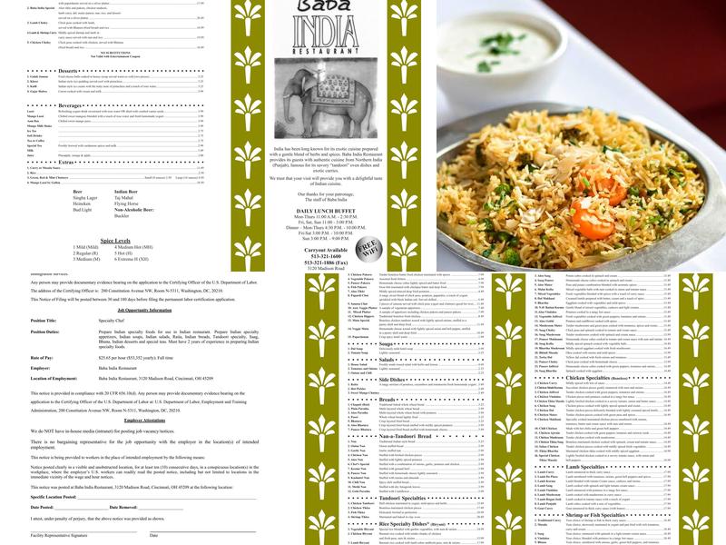 Baba India Restaurant Menu