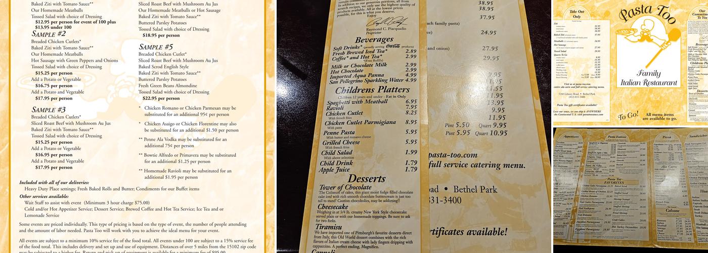 Pasta Too Menu