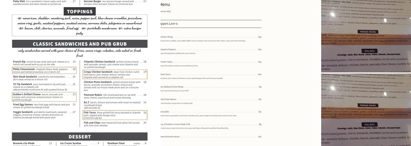Dubber's Oldtown Bar And Grill Menu