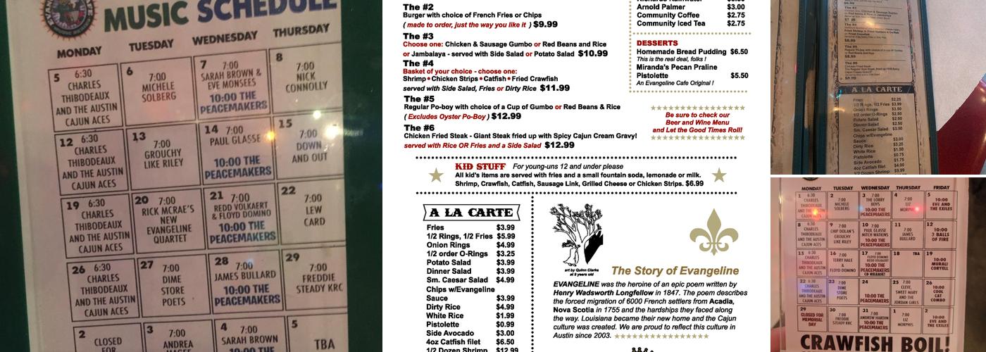 Evangeline Cafe Menu