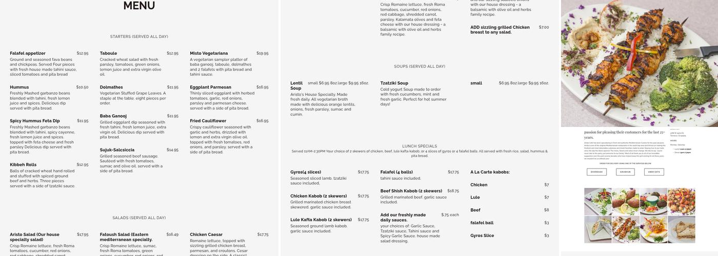 Aristo Cafe Menu