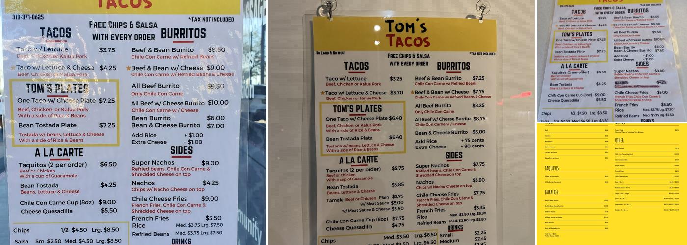 Tom's Tacos Menu
