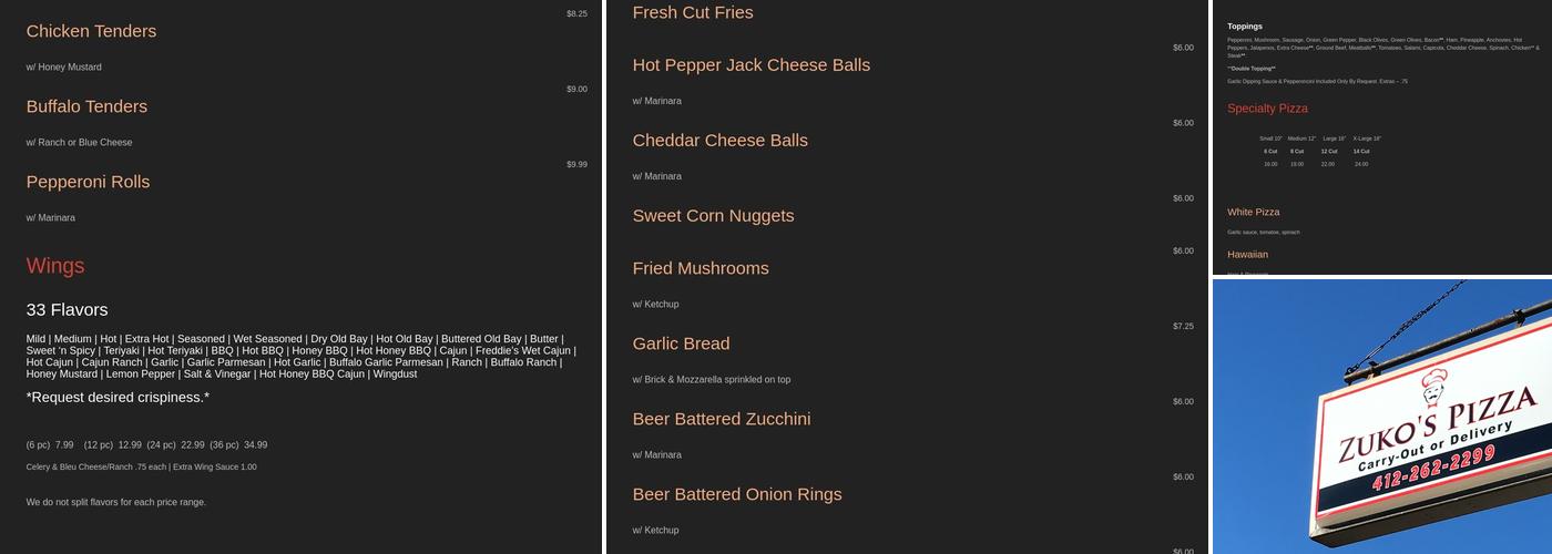 Zuko's Pizza Menu