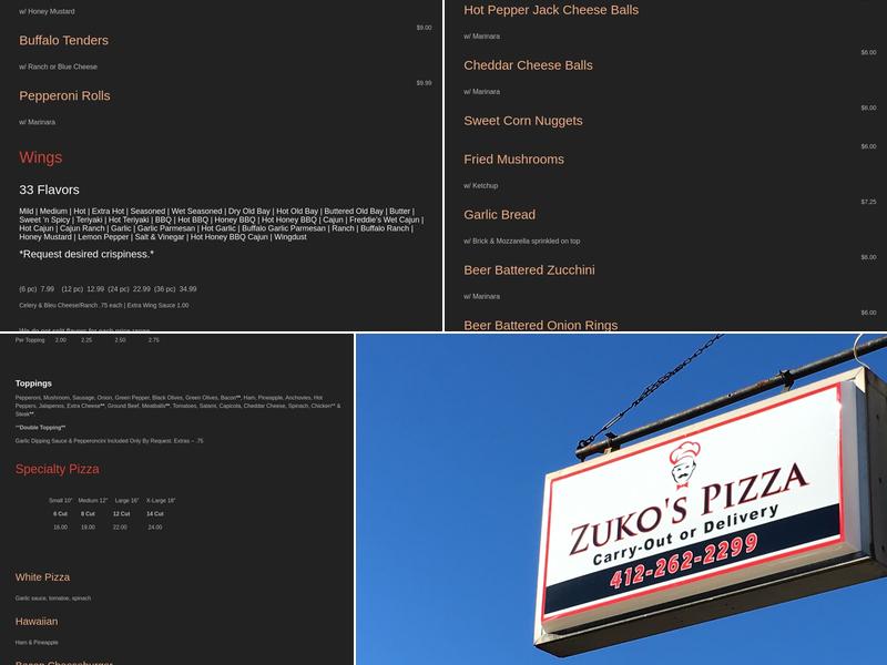 Zuko's Pizza Menu