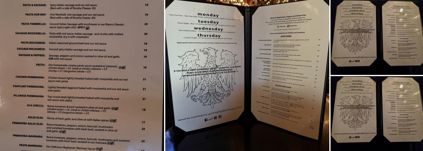 Roman Cucina Menu