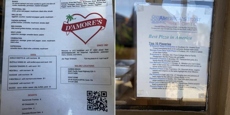 D'amores Pizza Menu