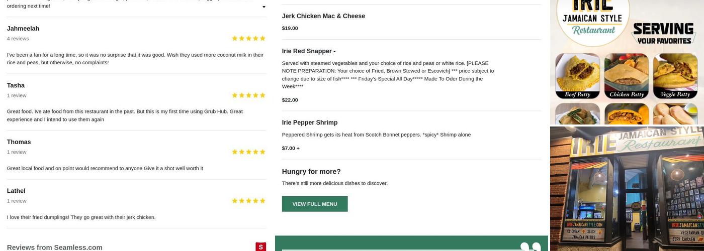 Irie Jamaican Style Restaurant Menu