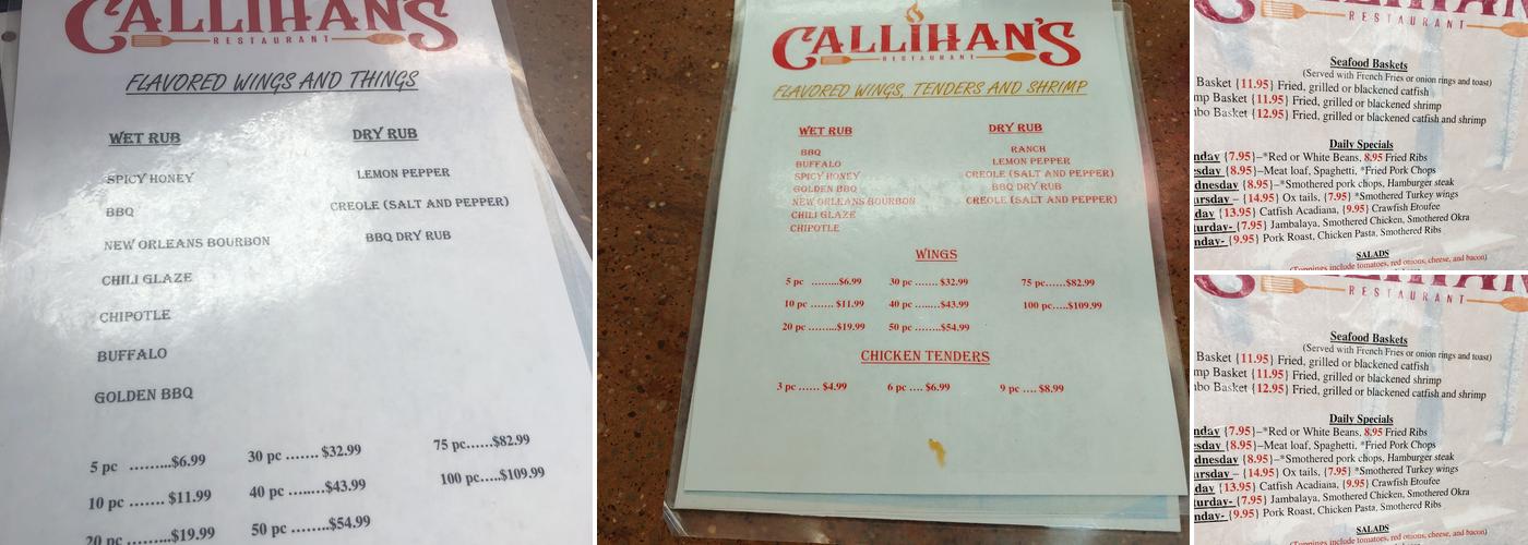 Callihans Restaurant Menu