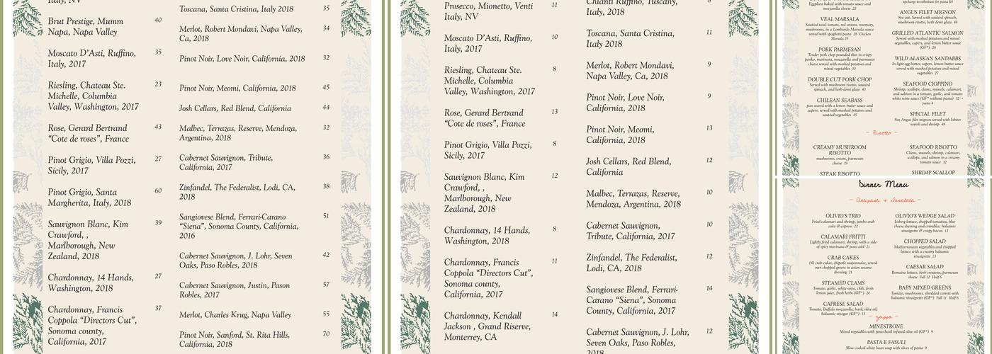 Olivios Trattoria Menu