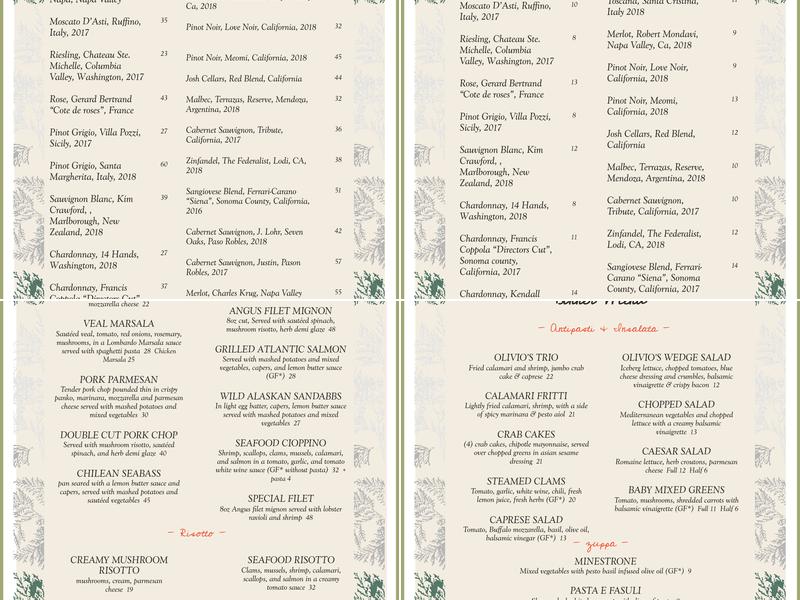 Olivios Trattoria Menu