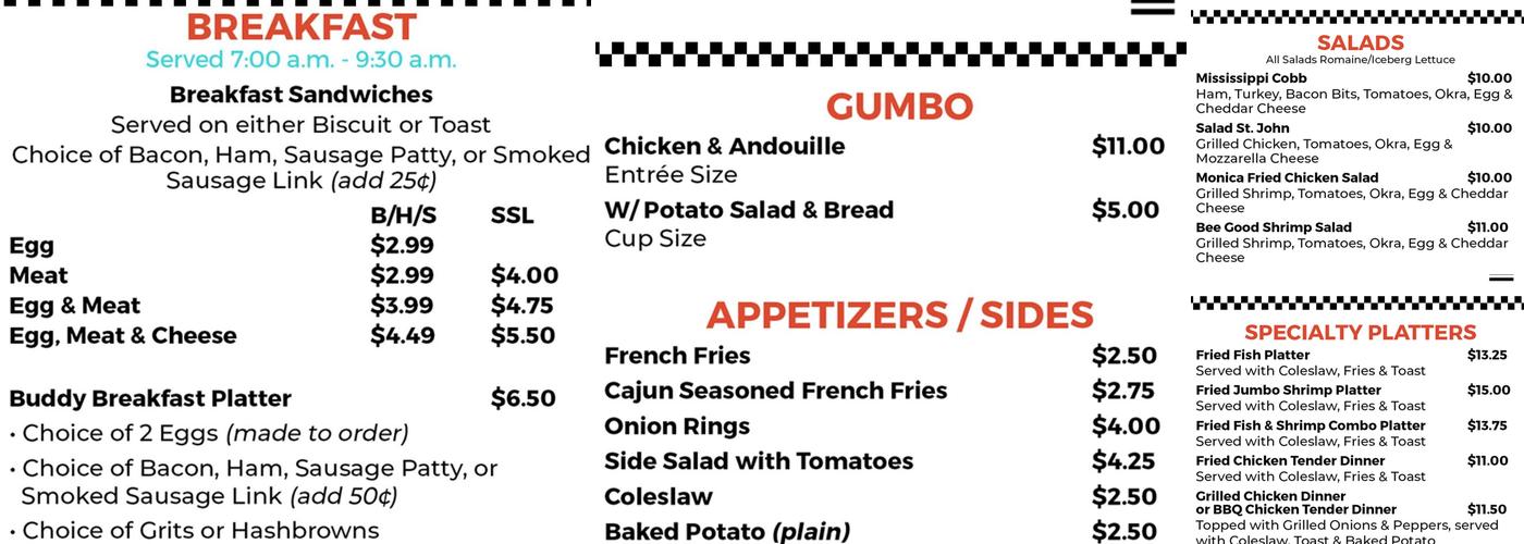 Buddy B's Cajun Cabin Menu