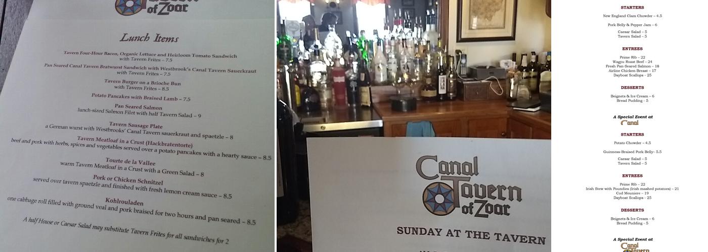 Canal Tavern of Zoar Menu