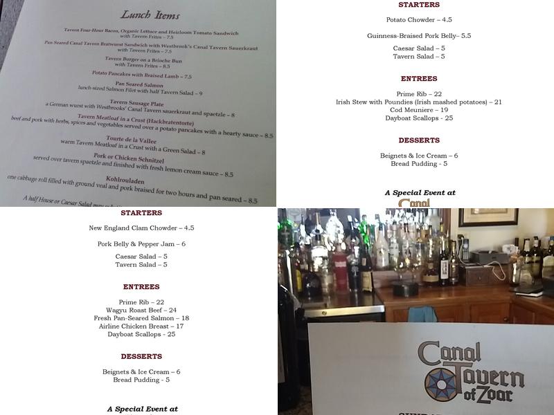 Canal Tavern of Zoar Menu