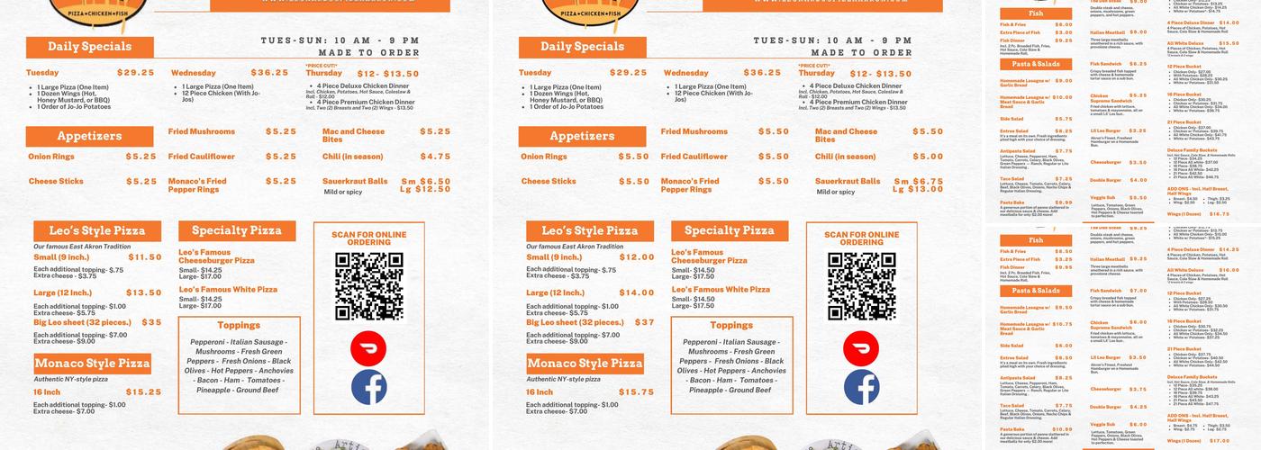 Leonardos Pizza Menu