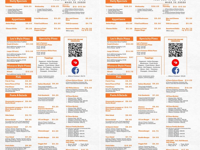 Leonardos Pizza Menu