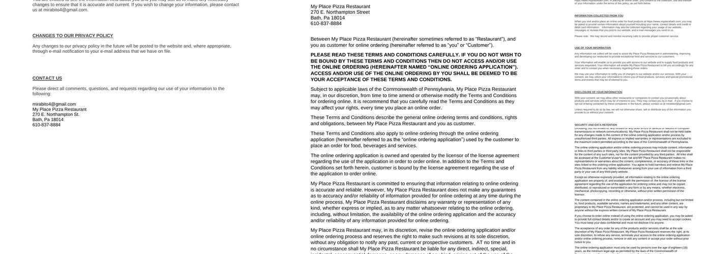 My Place Pizza Restaurant Menu