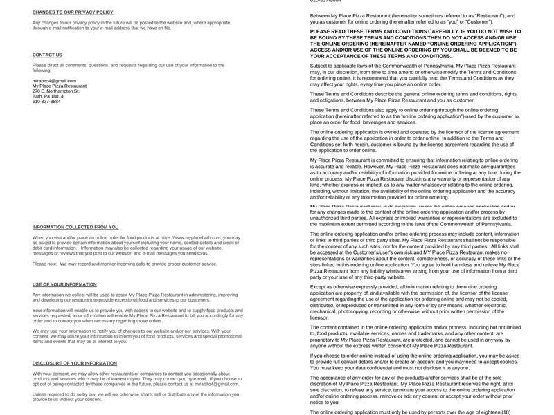 My Place Pizza Restaurant Menu