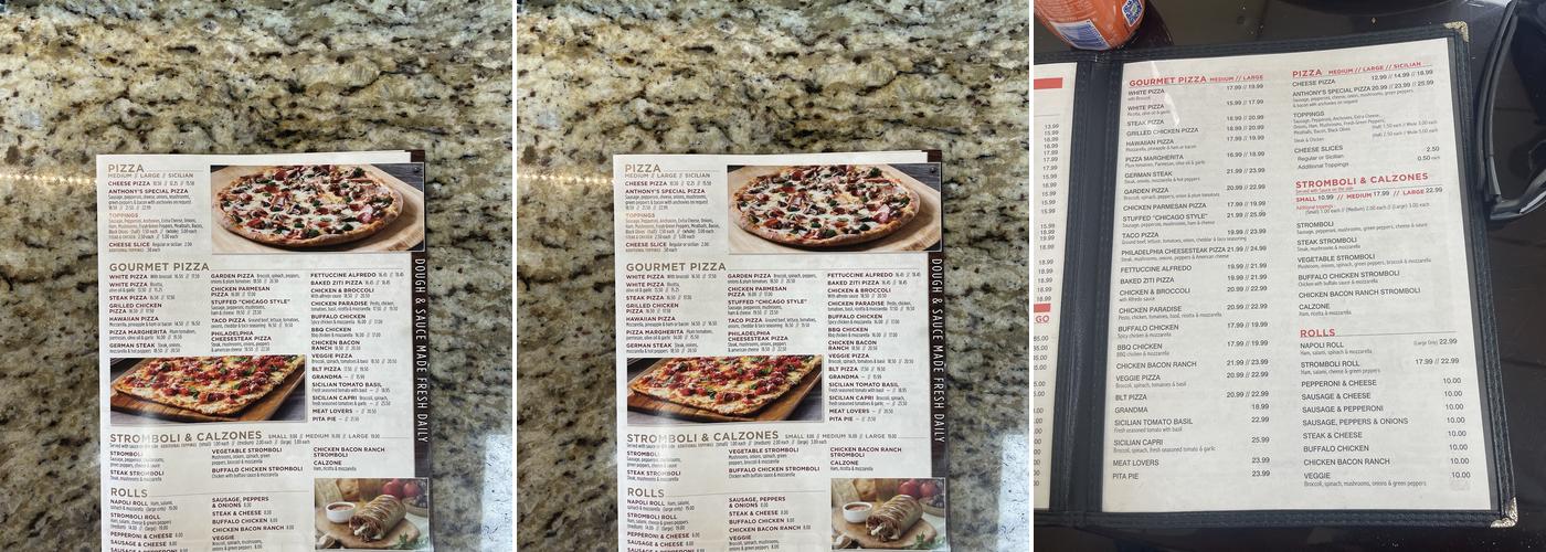 Anthony's Pizzeria Menu