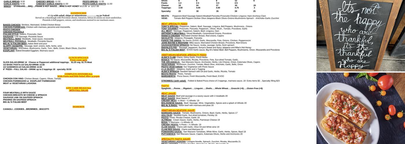 Tony & Alba’s Pizza and Pasta Menu