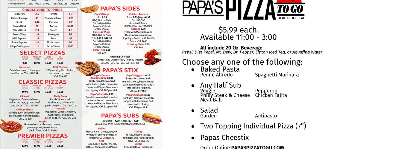 Papa's Pizza To Go Menu