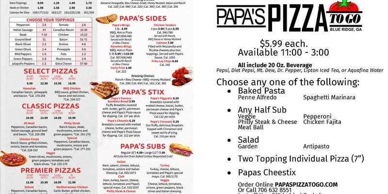 Papa's Pizza To Go Menu