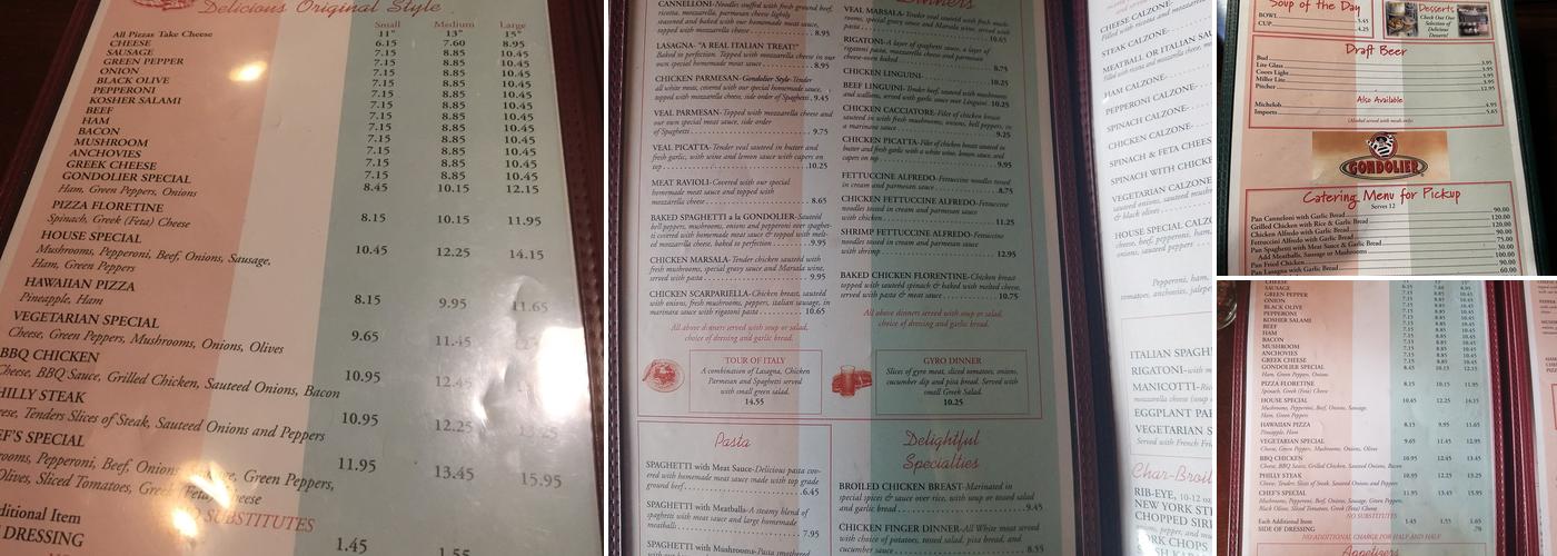 Gondolier Pizza & Steak House Menu