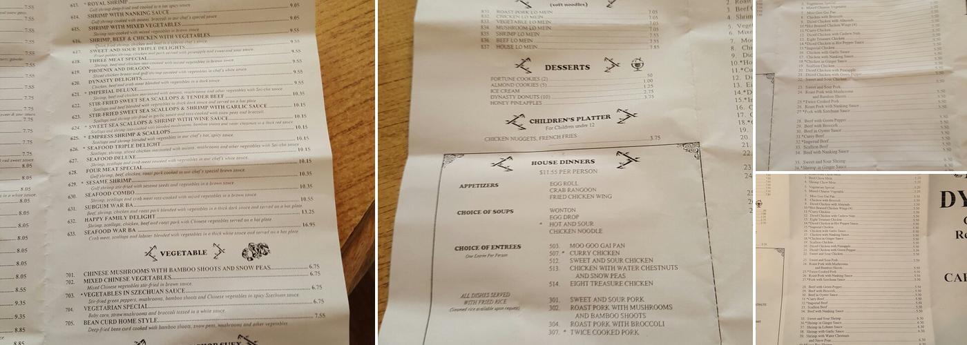 Ming Dynasty Chinese Restaurant Menu