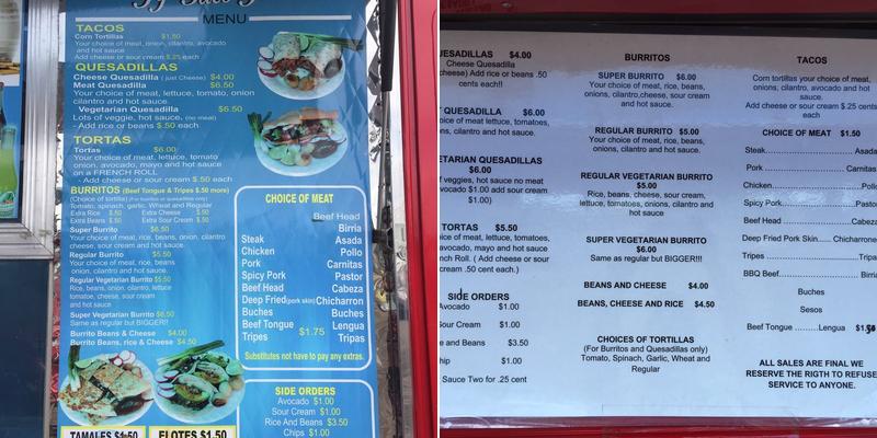 T J Taco Jalisco Menu