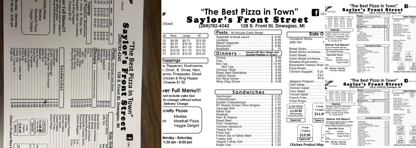 Saylor's Front Street Pizzeria Menu