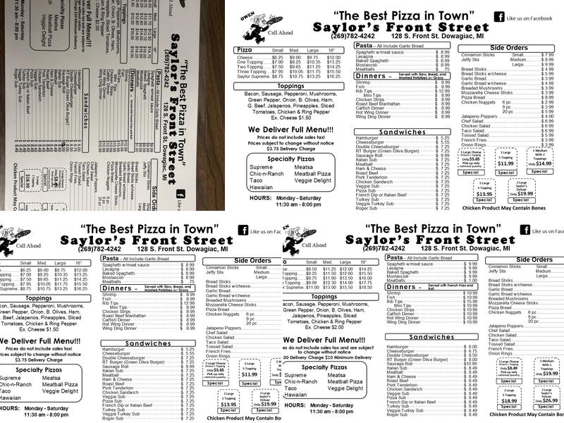 Saylor's Front Street Pizzeria Menu