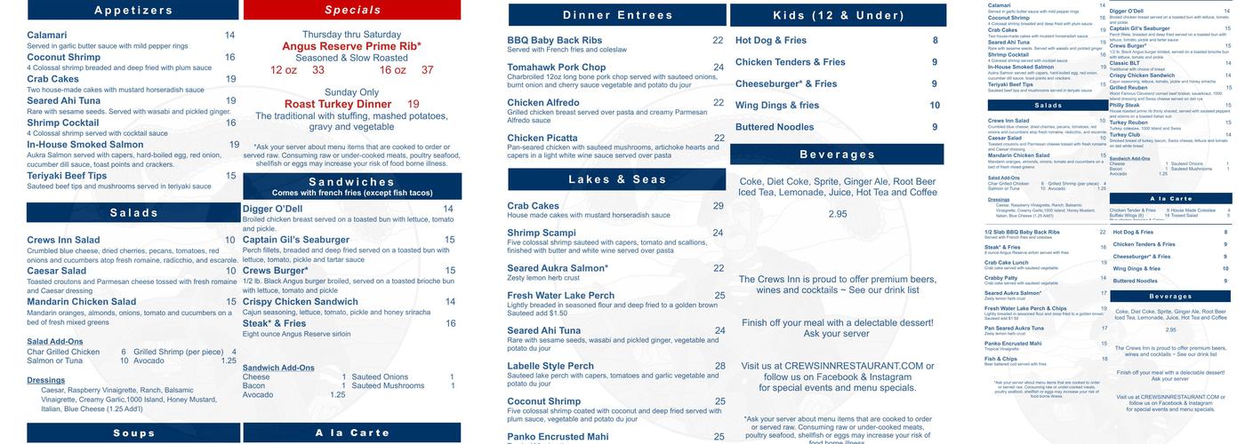 Crews Inn Menu