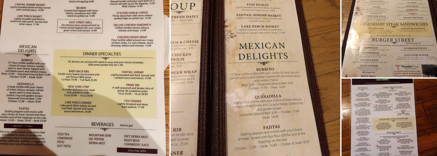 Easy Street Inn Food & Spirits Menu