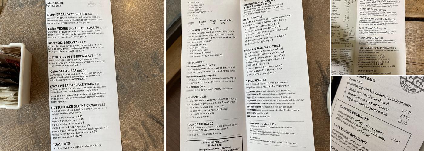 iCafe Kelvingrove Menu