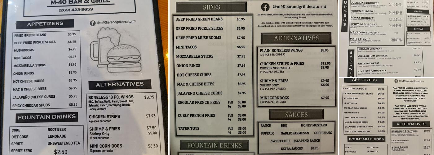 M 40 Bar & Grill Menu