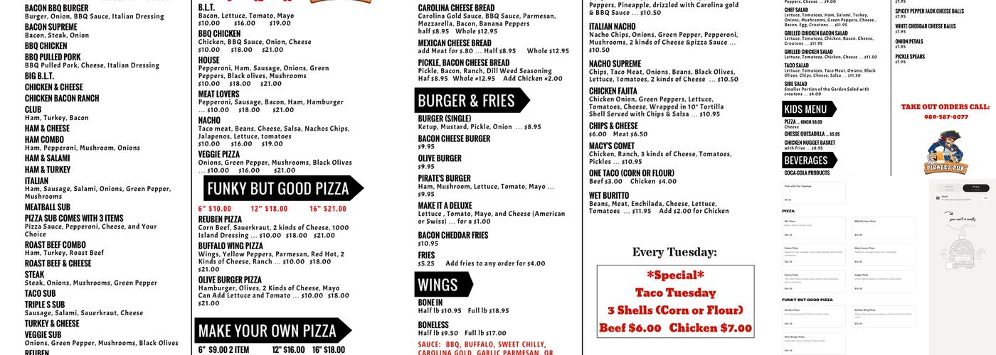 Pirate's Pub Menu