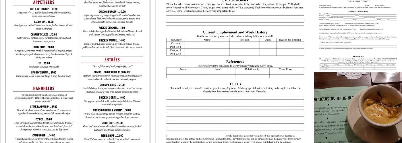 Fat Cam's at Garver Lake Menu