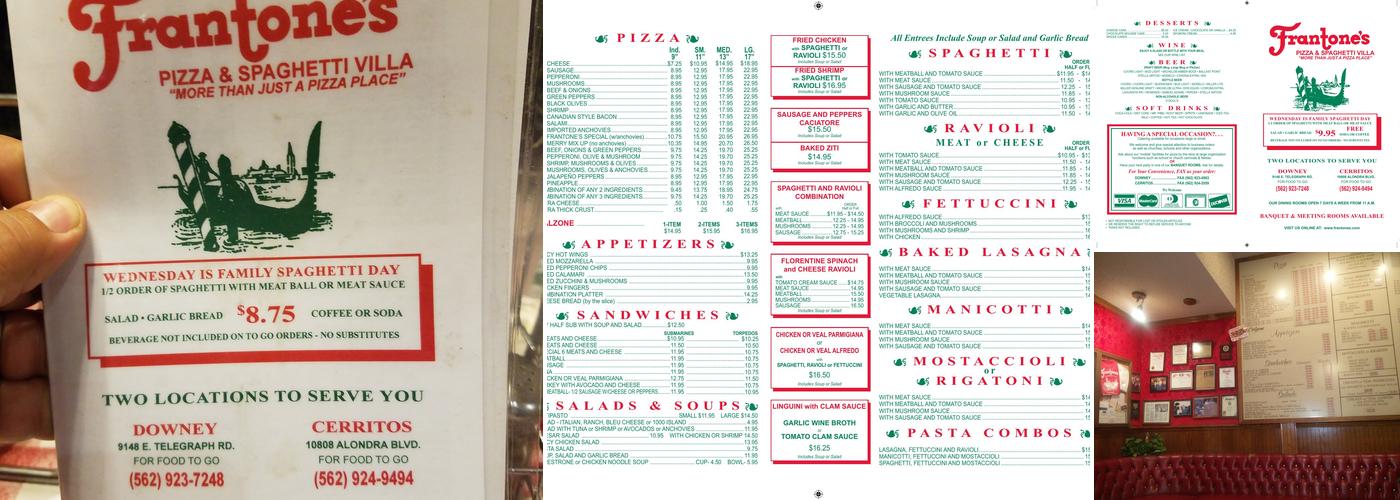 Frantone's Pizza and Spaghetti Villa Menu