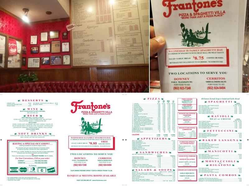 Frantone's Pizza and Spaghetti Villa Menu