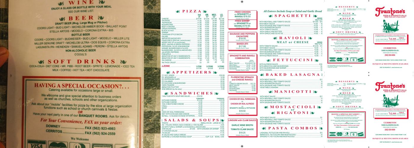 Frantone's Pizza & Spaghetti Villa Menu