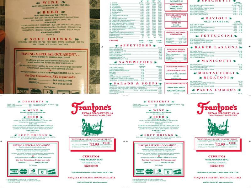 Frantone's Pizza & Spaghetti Villa Menu