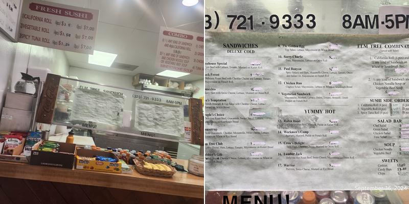 Elm Tree Sandwich Shop Menu