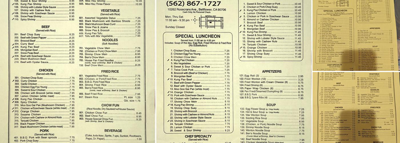 Ben's Chinese Food Menu