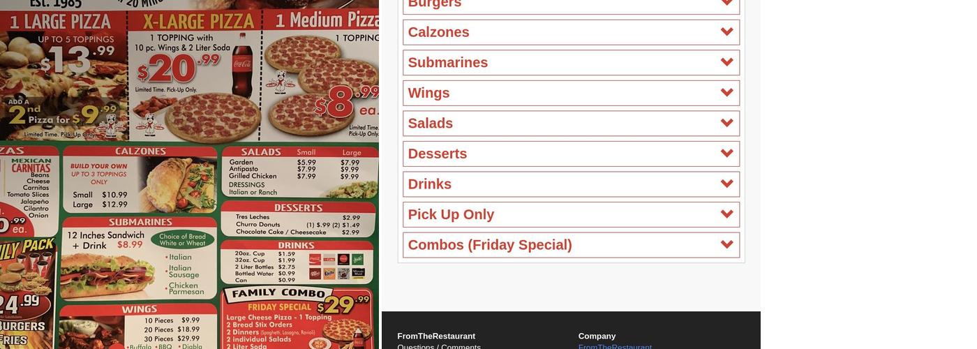 Valentino's Pizza Menu