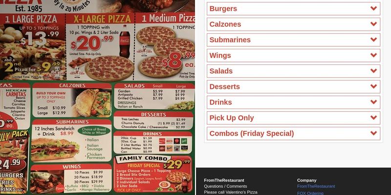 Valentino's Pizza Menu