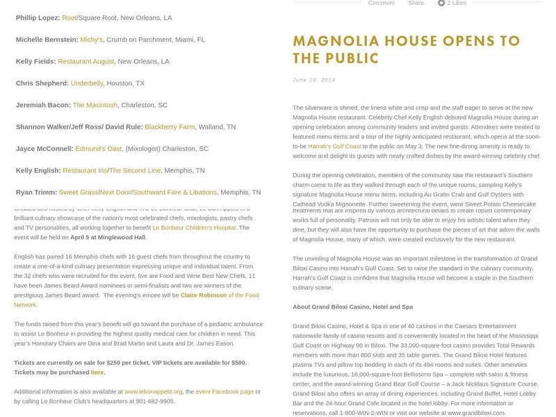 Chef Kelly English, Menu