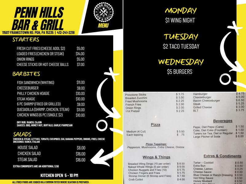 Penn Hills Bar & Grill Inc Menu
