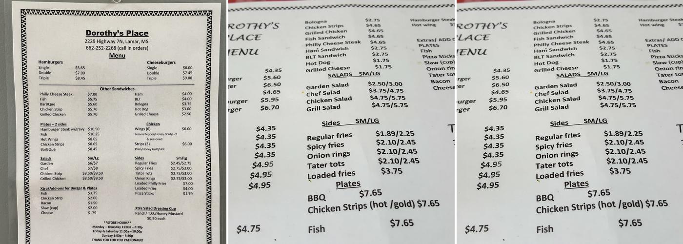 Dorothy's Place Menu