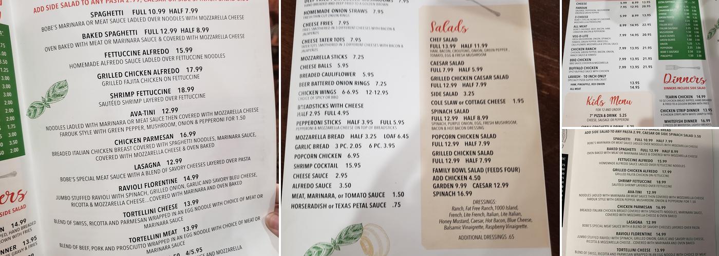 Bobe's Pizza Express Menu