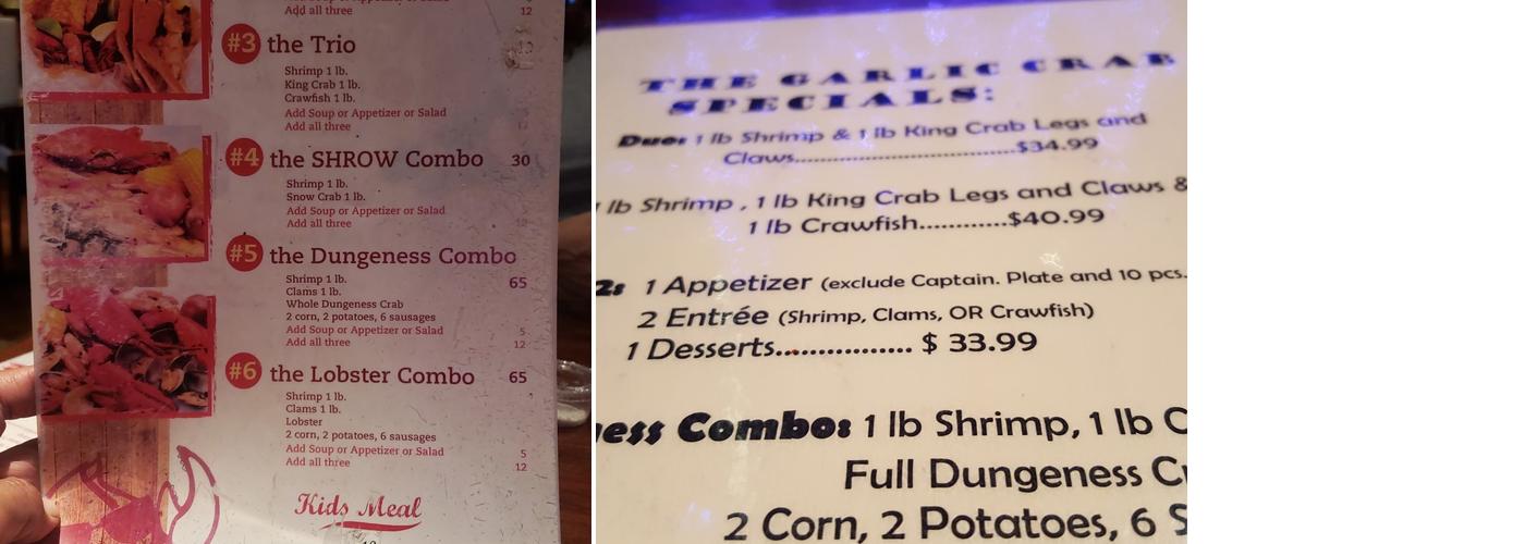 The Garlic Crab Menu