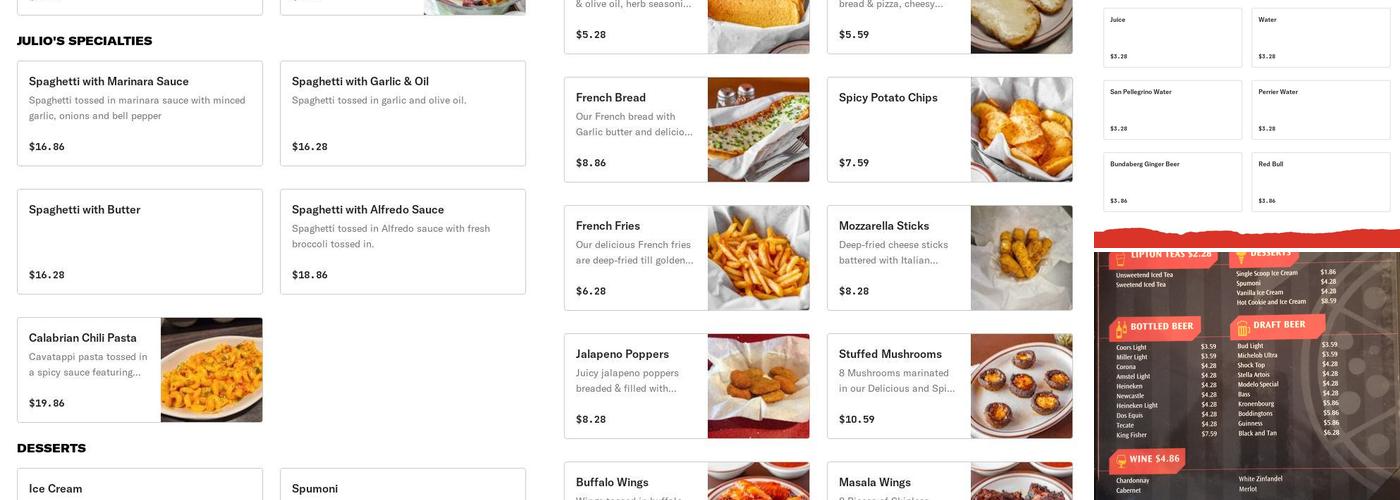 Julio's Pizza Menu